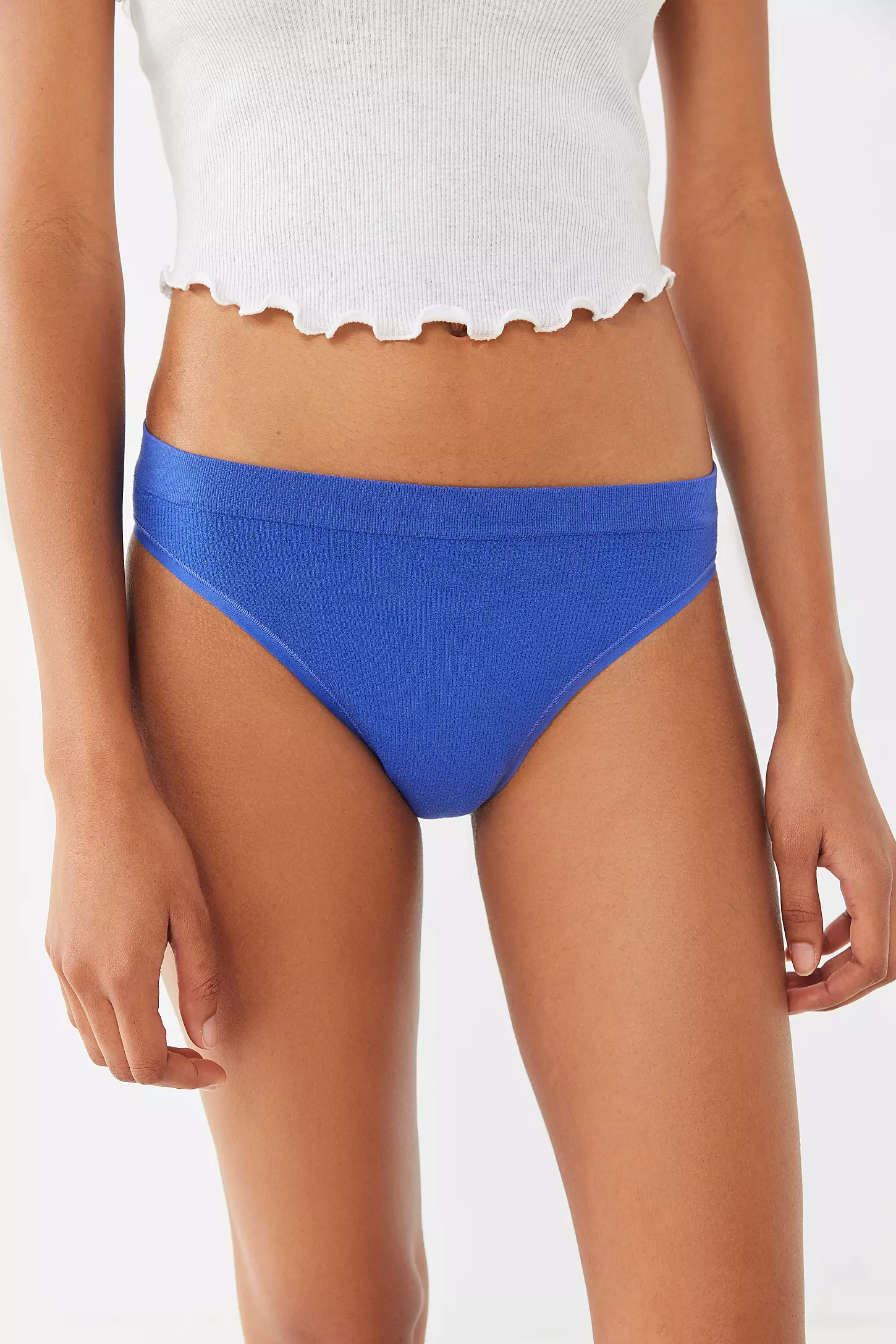 out from under markie seamless ribbed bikini briefs blue front detail Front detail of Out From Under Markie seamless ribbed bikini briefs in blue