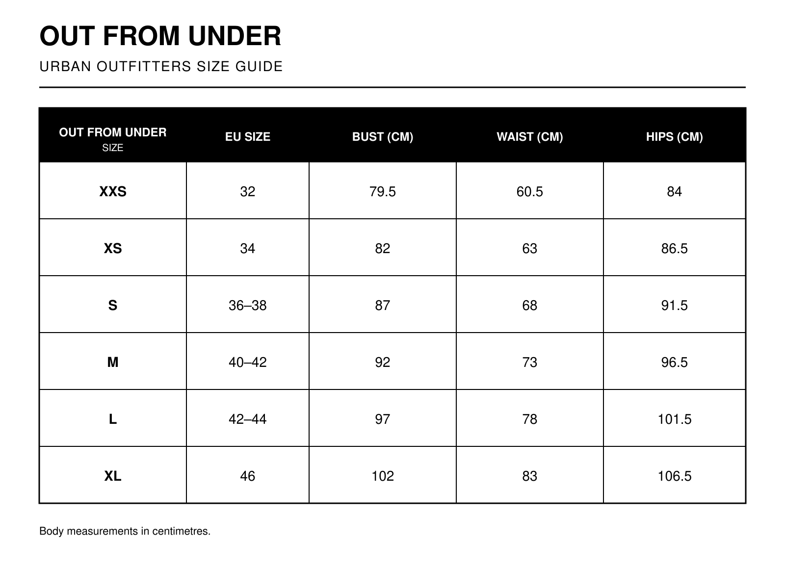 out from under urban outfitters size guide en