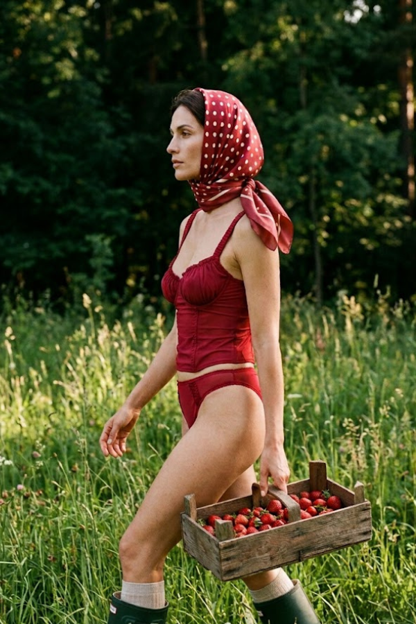Order Information Woman in strawberry-red lingerie carrying a wooden crate of strawberries through a meadow