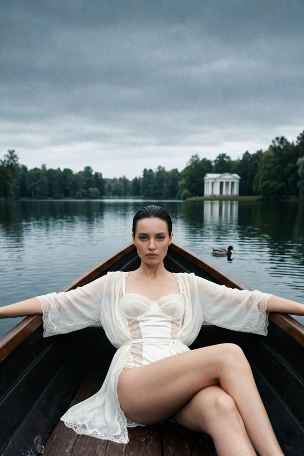 Payment Methods Woman in an ivory peignoir reclining in a wooden boat on a lake